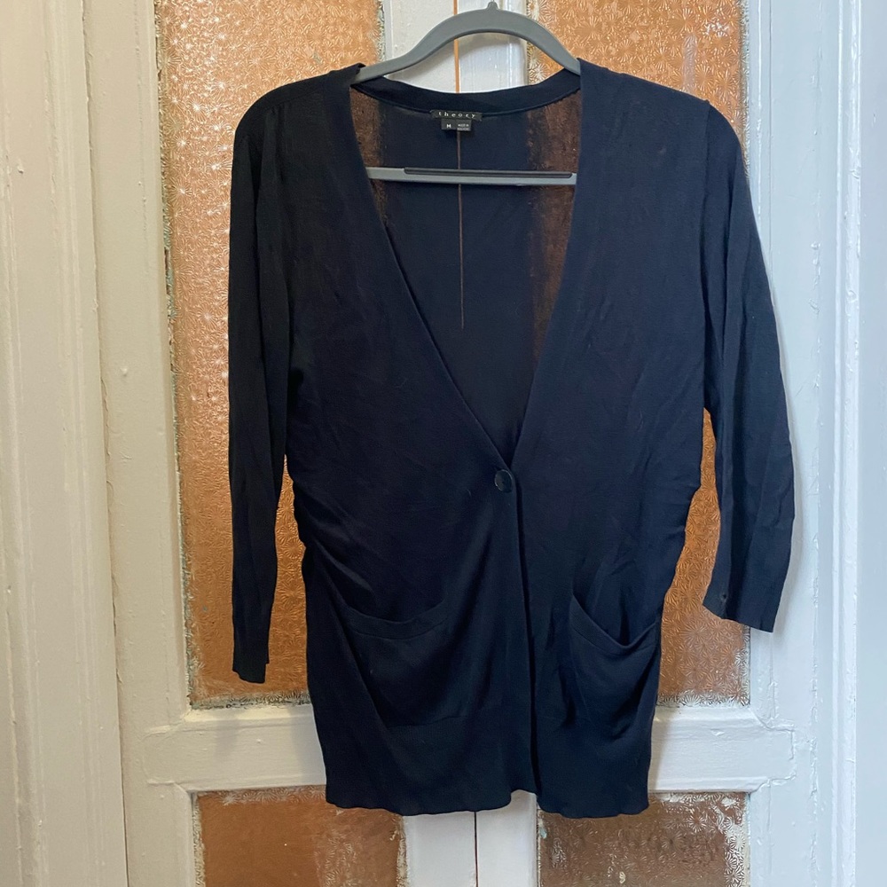 THEORY navy blue single button cinch cardigan
